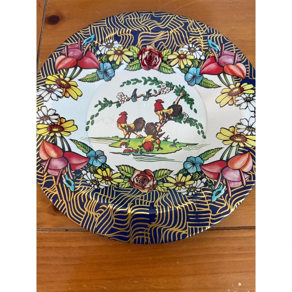 Vintage Action Industries Brazil‎ Rooster Floral Tin Plates 9 in Lot-2 Farmhouse